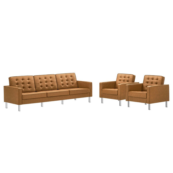 Modway Furniture Loft 3-Piece Tufted Vegan Leather Furniture Set – Modern Elegance for Living Rooms and Offices Silver Tan EEI-4105-SLV-TAN-SET