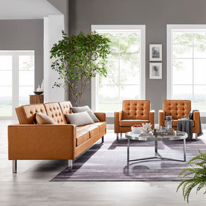 Modway Furniture Loft 3-Piece Tufted Vegan Leather Furniture Set – Modern Elegance for Living Rooms and Offices Silver Tan EEI-4105-SLV-TAN-SET