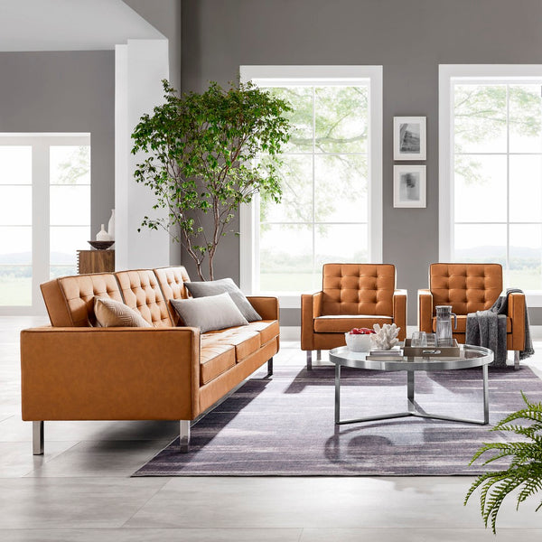 Modway Furniture Loft 3-Piece Tufted Vegan Leather Furniture Set – Modern Elegance for Living Rooms and Offices Silver Tan EEI-4105-SLV-TAN-SET