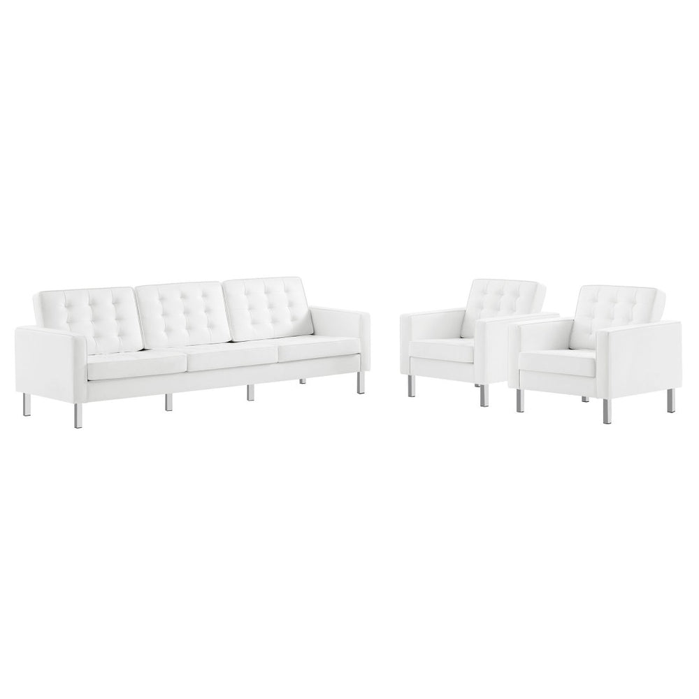 Modway Furniture Loft 3-Piece Tufted Vegan Leather Furniture Set – Modern Elegance for Living Rooms and Offices Silver White EEI-4105-SLV-WHI-SET