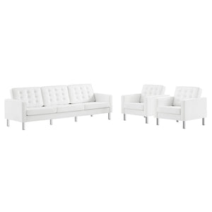 Modway Furniture Loft 3-Piece Tufted Vegan Leather Furniture Set – Modern Elegance for Living Rooms and Offices Silver White EEI-4105-SLV-WHI-SET