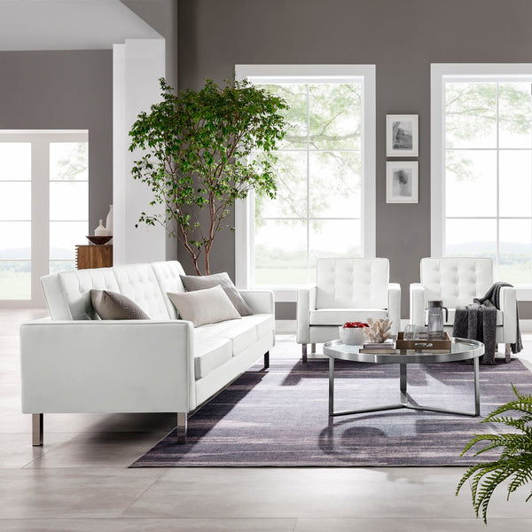 Modway Furniture Loft 3-Piece Tufted Vegan Leather Furniture Set – Modern Elegance for Living Rooms and Offices Silver White EEI-4105-SLV-WHI-SET