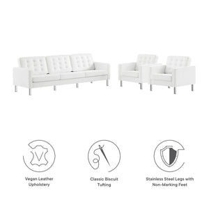 Modway Furniture Loft 3-Piece Tufted Vegan Leather Furniture Set – Modern Elegance for Living Rooms and Offices Silver White EEI-4105-SLV-WHI-SET