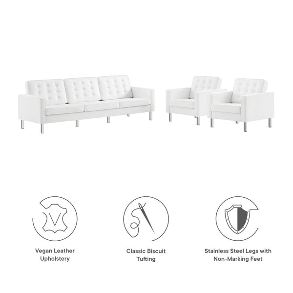 Modway Furniture Loft 3-Piece Tufted Vegan Leather Furniture Set – Modern Elegance for Living Rooms and Offices Silver White EEI-4105-SLV-WHI-SET