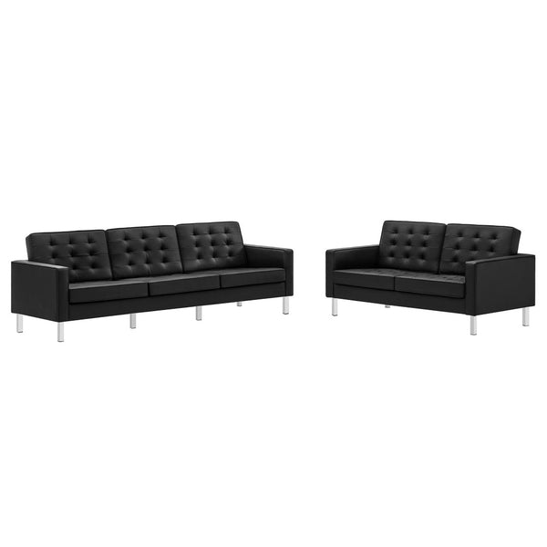 Modway Furniture Loft 2-Piece Tufted Vegan Leather Furniture Set - Stylish Mid-Century Modern Design for Any Space Silver Black EEI-4106-SLV-BLK-SET