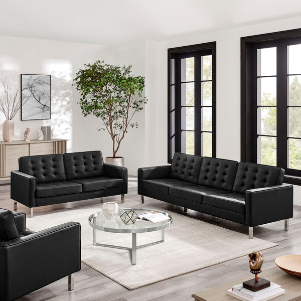 Modway Furniture Loft 2-Piece Tufted Vegan Leather Furniture Set - Stylish Mid-Century Modern Design for Any Space Silver Black EEI-4106-SLV-BLK-SET
