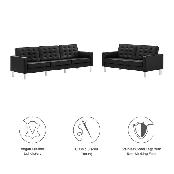 Modway Furniture Loft 2-Piece Tufted Vegan Leather Furniture Set - Stylish Mid-Century Modern Design for Any Space Silver Black EEI-4106-SLV-BLK-SET