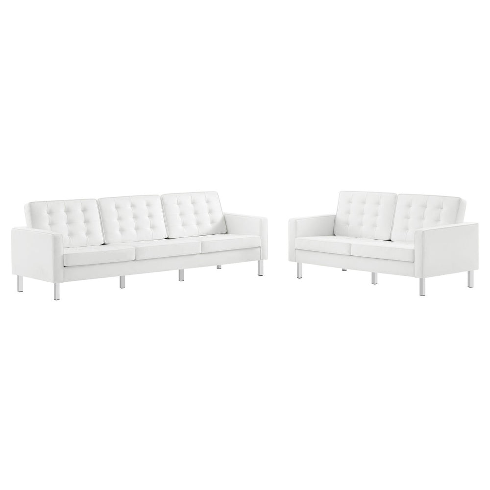 Modway Furniture Loft 2-Piece Tufted Vegan Leather Furniture Set - Stylish Mid-Century Modern Design for Any Space Silver White EEI-4106-SLV-WHI-SET