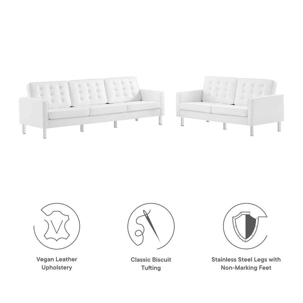 Modway Furniture Loft 2-Piece Tufted Vegan Leather Furniture Set - Stylish Mid-Century Modern Design for Any Space Silver White EEI-4106-SLV-WHI-SET
