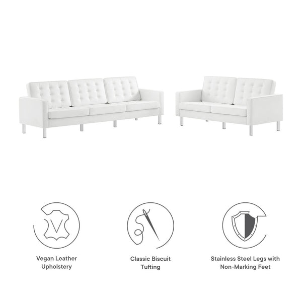 Modway Furniture Loft 2-Piece Tufted Vegan Leather Furniture Set - Stylish Mid-Century Modern Design for Any Space Silver White EEI-4106-SLV-WHI-SET