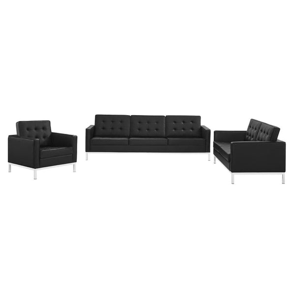 Modway Furniture Loft 3-Piece Tufted Faux Leather Living Room Set with Stainless Steel Frame for Modern Elegance Silver Black EEI-4107-SLV-BLK-SET