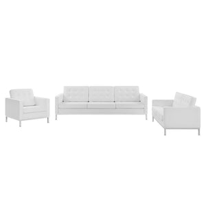 Modway Furniture Loft 3-Piece Tufted Faux Leather Living Room Set with Stainless Steel Frame for Modern Elegance Silver White EEI-4107-SLV-WHI-SET