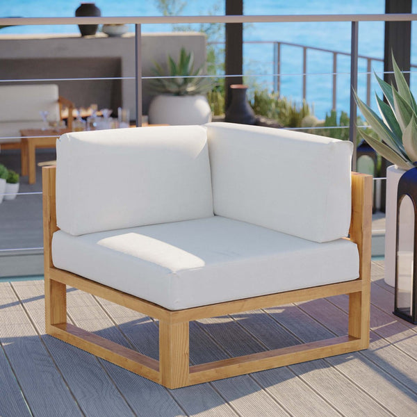 Modway Furniture Upland Outdoor Teak Wood Corner Chair with Plush Cushions - Stylish Modular Seating for Patios EEI-4126-NAT-WHI