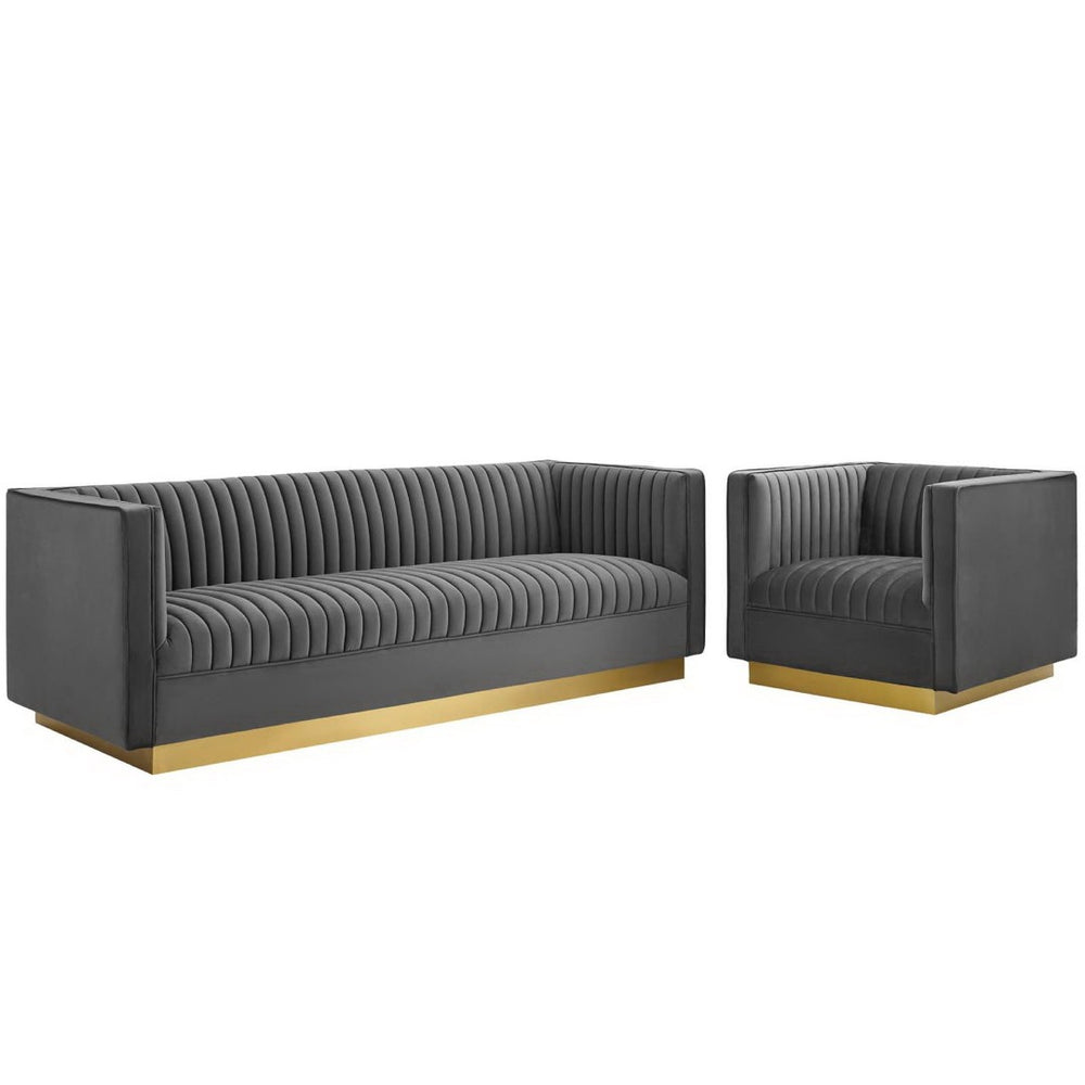Modway Furniture Sanguine Retro-Modern Velvet Sofa & Armchair Set - Stain-Resistant, Gold Base, Ultimate Comfort! EEI-4143-GRY-SET