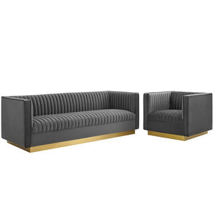Modway Furniture Sanguine Retro-Modern Velvet Sofa & Armchair Set - Stain-Resistant, Gold Base, Ultimate Comfort! EEI-4143-GRY-SET