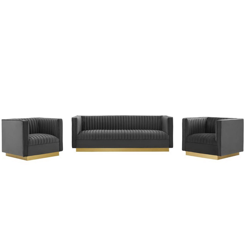 Modway Furniture Sanguine 3-Piece Velvet Living Room Set - Chic Vertical Tufting & Gold Base for Modern Elegance EEI-4144-GRY-SET
