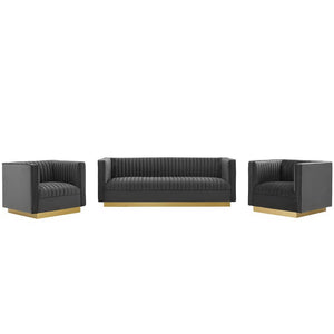 Modway Furniture Sanguine 3-Piece Velvet Living Room Set - Chic Vertical Tufting & Gold Base for Modern Elegance EEI-4144-GRY-SET