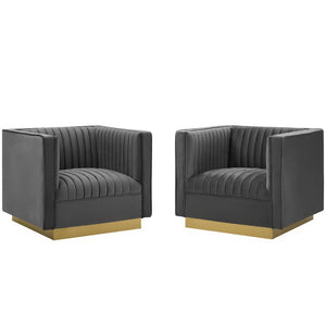 Modway Furniture Sanguine Vertical Channel Tufted Armchair Set of 2 - Plush Velvet with Gold Base for Modern Elegance EEI-4145-GRY