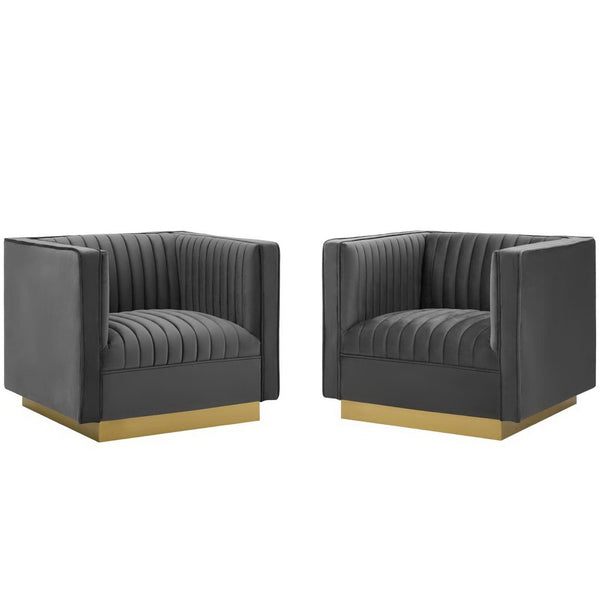 Modway Furniture Sanguine Vertical Channel Tufted Armchair Set of 2 - Plush Velvet with Gold Base for Modern Elegance EEI-4145-GRY