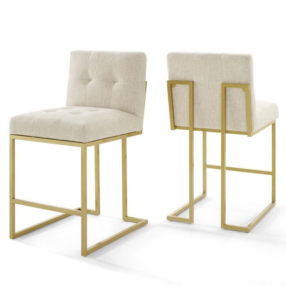 Modway Furniture Privy Gold Stainless Steel Upholstered Counter Stool Set of 2 for Modern Glam Kitchen or Bar Gold Beige EEI-4154-GLD-BEI