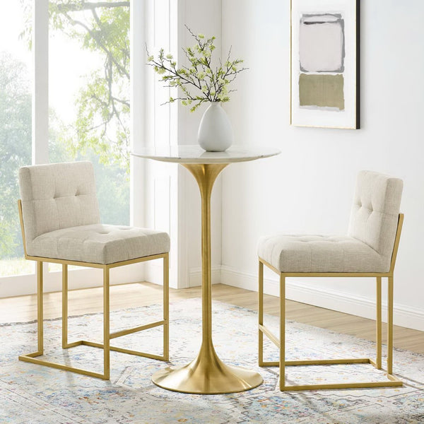 Modway Furniture Privy Gold Stainless Steel Upholstered Counter Stool Set of 2 for Modern Glam Kitchen or Bar Gold Beige EEI-4154-GLD-BEI
