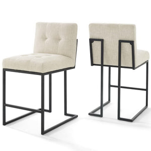 Modway Furniture Privy Counter Stool Set of 2 - Modern Upholstered Fabric with Matte Black Stainless Steel Base Black Beige EEI-4156-BLK-BEI