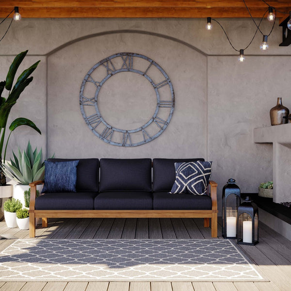 Modway Furniture Marina Outdoor Patio Teak Sofa - Weather-Resistant Comfort for Stylish Gatherings and Relaxation Natural Navy EEI-4176-NAT-NAV