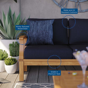 Modway Furniture Marina Outdoor Patio Teak Sofa - Weather-Resistant Comfort for Stylish Gatherings and Relaxation Natural Navy EEI-4176-NAT-NAV
