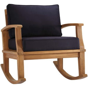 Modway Furniture Marina Outdoor Teak Rocking Chair – Stylish, Ergonomic Design with Weather-Resistant Comfort & Cushions Natural Navy EEI-4177-NAT-NAV