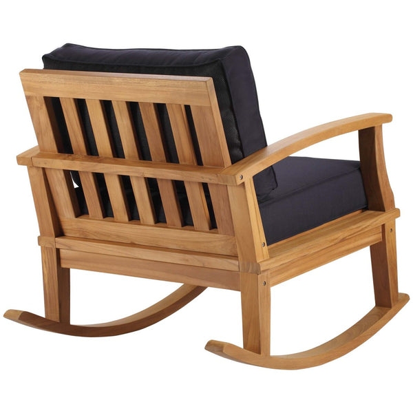 Modway Furniture Marina Outdoor Teak Rocking Chair – Stylish, Ergonomic Design with Weather-Resistant Comfort & Cushions Natural Navy EEI-4177-NAT-NAV