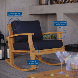 Modway Furniture Marina Outdoor Teak Rocking Chair – Stylish, Ergonomic Design with Weather-Resistant Comfort & Cushions Natural Navy EEI-4177-NAT-NAV