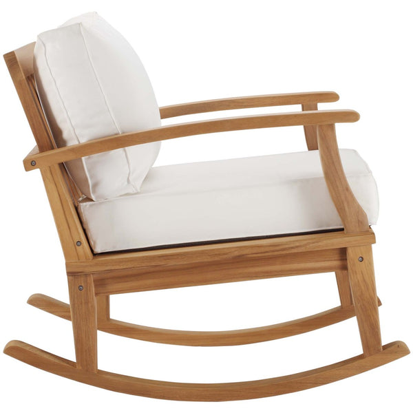 Modway Furniture Marina Outdoor Teak Rocking Chair – Stylish, Ergonomic Design with Weather-Resistant Comfort & Cushions Natural White EEI-4177-NAT-WHI