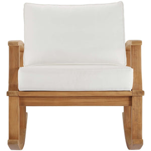 Modway Furniture Marina Outdoor Teak Rocking Chair – Stylish, Ergonomic Design with Weather-Resistant Comfort & Cushions Natural White EEI-4177-NAT-WHI
