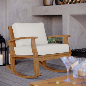 Modway Furniture Marina Outdoor Teak Rocking Chair – Stylish, Ergonomic Design with Weather-Resistant Comfort & Cushions Natural White EEI-4177-NAT-WHI