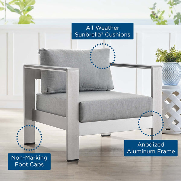 Modway Furniture Shore Outdoor Armchair - Stylish Sunbrella® Fabric and Durable Aluminum for Modern Patio Living Silver Gray EEI-4225-SLV-GRY