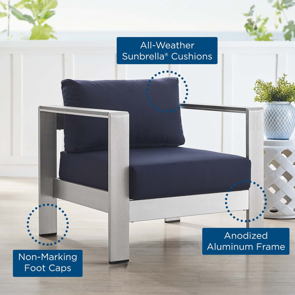 Modway Furniture Shore Outdoor Armchair - Stylish Sunbrella® Fabric and Durable Aluminum for Modern Patio Living Silver Navy EEI-4225-SLV-NAV