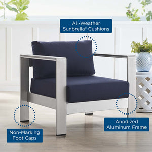 Modway Furniture Shore Outdoor Armchair - Stylish Sunbrella® Fabric and Durable Aluminum for Modern Patio Living Silver Navy EEI-4225-SLV-NAV