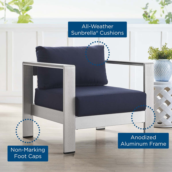 Modway Furniture Shore Outdoor Armchair - Stylish Sunbrella® Fabric and Durable Aluminum for Modern Patio Living Silver Navy EEI-4225-SLV-NAV