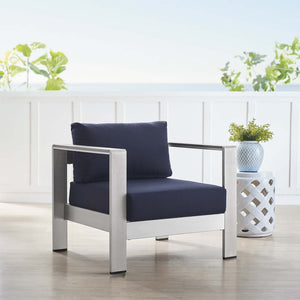 Modway Furniture Shore Outdoor Armchair - Stylish Sunbrella® Fabric and Durable Aluminum for Modern Patio Living Silver Navy EEI-4225-SLV-NAV