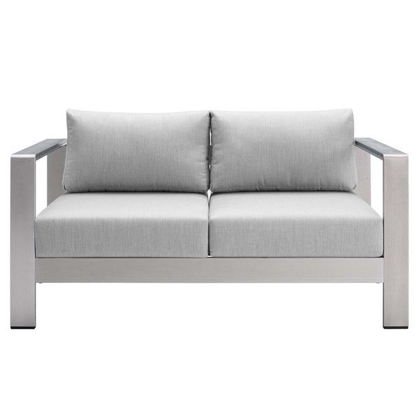 Modway Furniture Shore Sunbrella® Fabric Outdoor Loveseat - Durable Aluminum Frame, Weather-Resistant Comfort Design Silver Gray EEI-4226-SLV-GRY