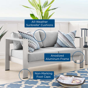 Modway Furniture Shore Sunbrella® Fabric Outdoor Loveseat - Durable Aluminum Frame, Weather-Resistant Comfort Design Silver Gray EEI-4226-SLV-GRY