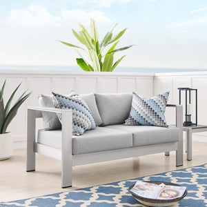 Modway Furniture Shore Sunbrella® Fabric Outdoor Loveseat - Durable Aluminum Frame, Weather-Resistant Comfort Design Silver Gray EEI-4226-SLV-GRY