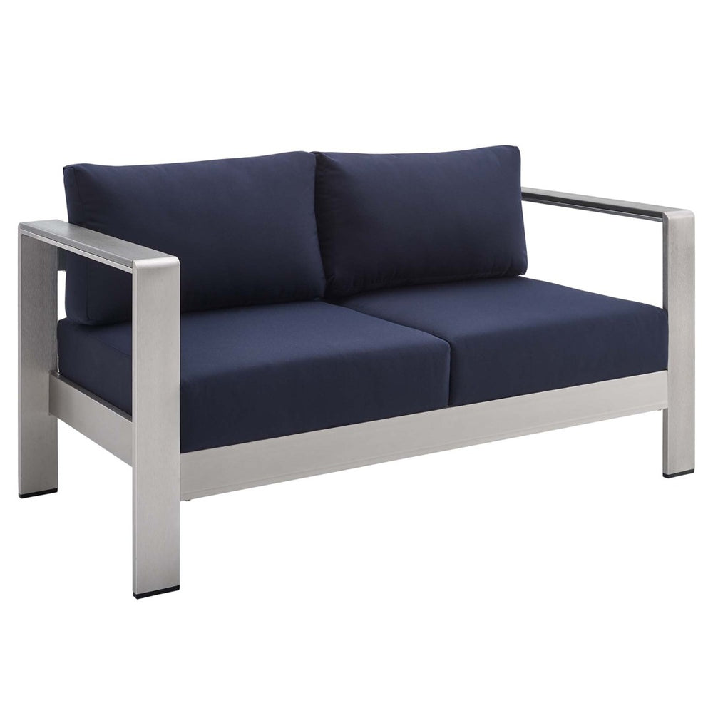 Modway Furniture Shore Sunbrella® Fabric Outdoor Loveseat - Durable Aluminum Frame, Weather-Resistant Comfort Design Silver Navy EEI-4226-SLV-NAV