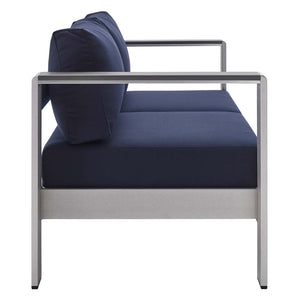 Modway Furniture Shore Sunbrella® Fabric Outdoor Loveseat - Durable Aluminum Frame, Weather-Resistant Comfort Design Silver Navy EEI-4226-SLV-NAV