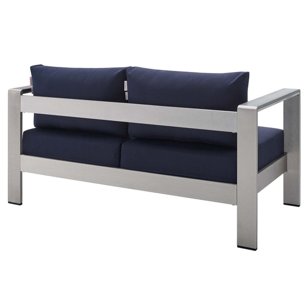 Modway Furniture Shore Sunbrella® Fabric Outdoor Loveseat - Durable Aluminum Frame, Weather-Resistant Comfort Design Silver Navy EEI-4226-SLV-NAV