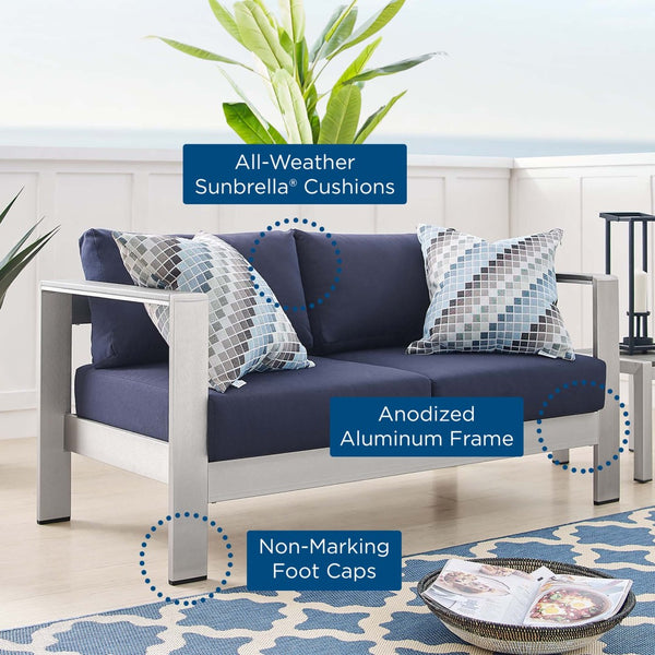 Modway Furniture Shore Sunbrella® Fabric Outdoor Loveseat - Durable Aluminum Frame, Weather-Resistant Comfort Design Silver Navy EEI-4226-SLV-NAV