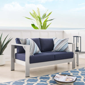 Modway Furniture Shore Sunbrella® Fabric Outdoor Loveseat - Durable Aluminum Frame, Weather-Resistant Comfort Design Silver Navy EEI-4226-SLV-NAV