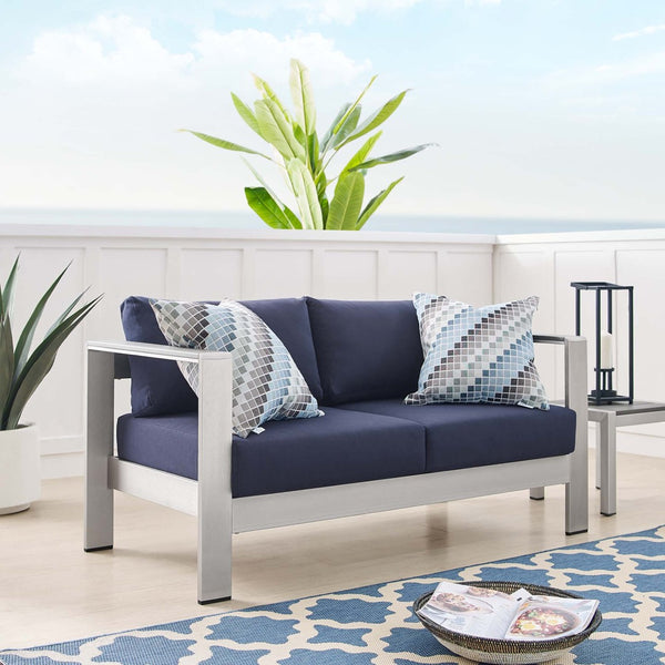 Modway Furniture Shore Sunbrella® Fabric Outdoor Loveseat - Durable Aluminum Frame, Weather-Resistant Comfort Design Silver Navy EEI-4226-SLV-NAV