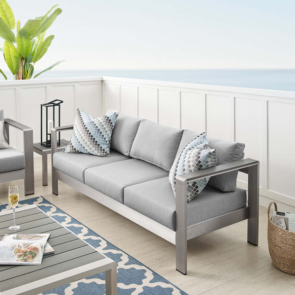 Modway Furniture Shore Sunbrella® Fabric Aluminum Outdoor Patio Sofa – Durable, Stylish, and Low-Maintenance Comfort Silver Gray EEI-4228-SLV-GRY
