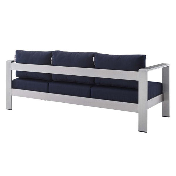 Modway Furniture Shore Sunbrella® Fabric Aluminum Outdoor Patio Sofa – Durable, Stylish, and Low-Maintenance Comfort Silver Navy EEI-4228-SLV-NAV